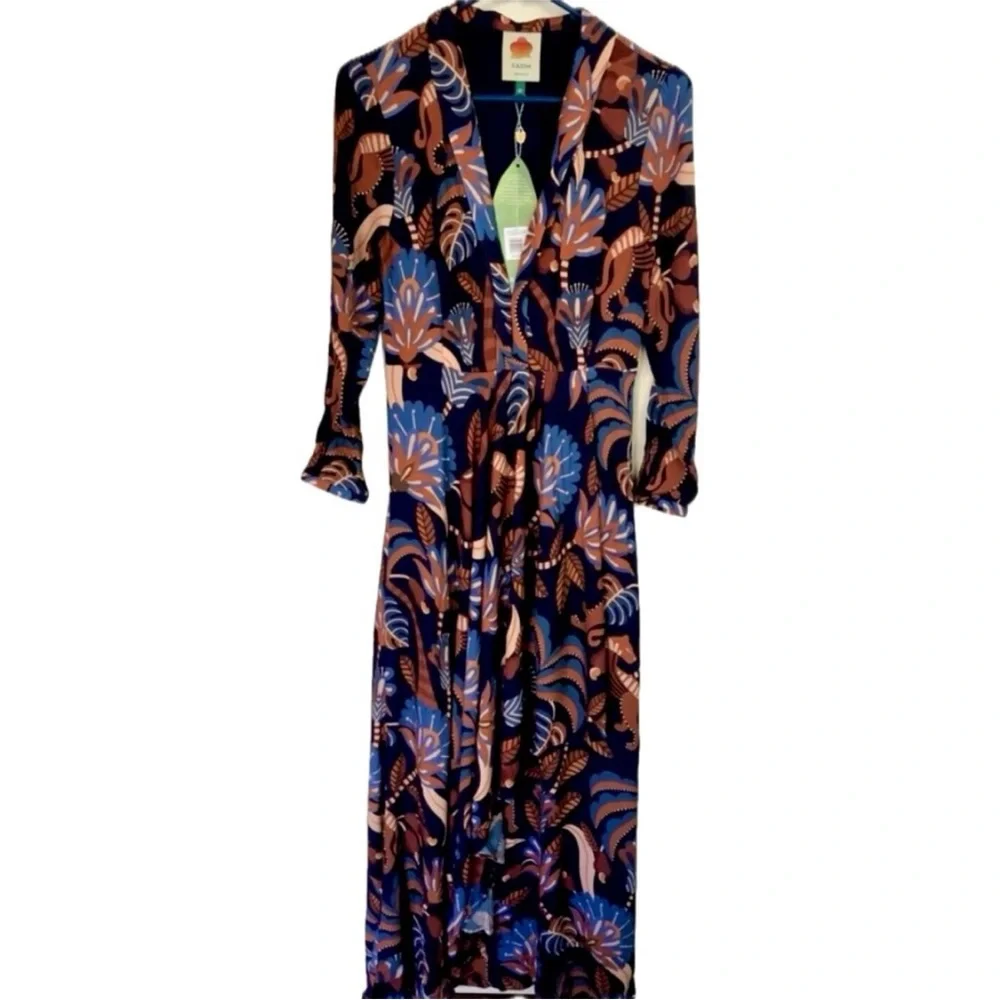 NWT Farm Rio Nature Beauty Blue Long Sleeve Maxi Dress Boho Fall - Picture 3 of 9